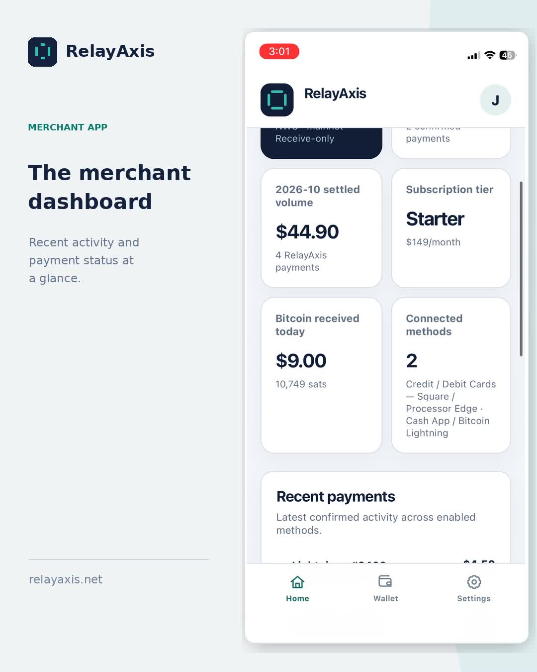 RelayAxis mobile merchant dashboard with recent payments and connected-wallet overview